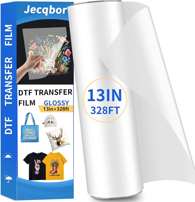 Jecqbor DTF Transfer Film Paper Roll 13 Inch x 328 FT, Glossy Double Sided Heat Transfer Paper, Thick Clear Pretreat PET Sheets for All DTF Printer Direct Print On T-Shirts Textile - Image 1